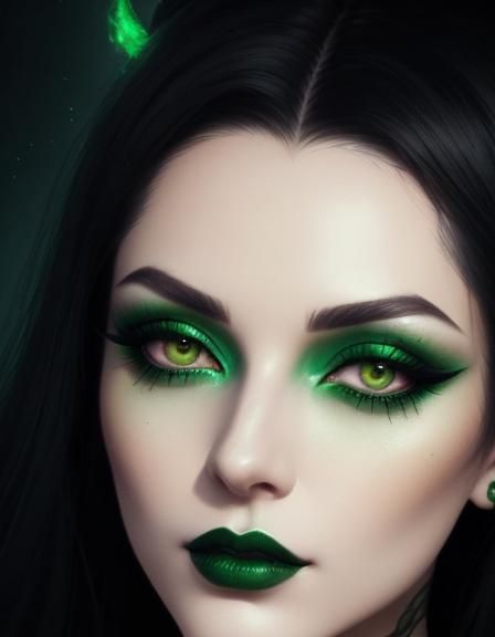 Beautiful young lady with black hair and green eyes with gre...