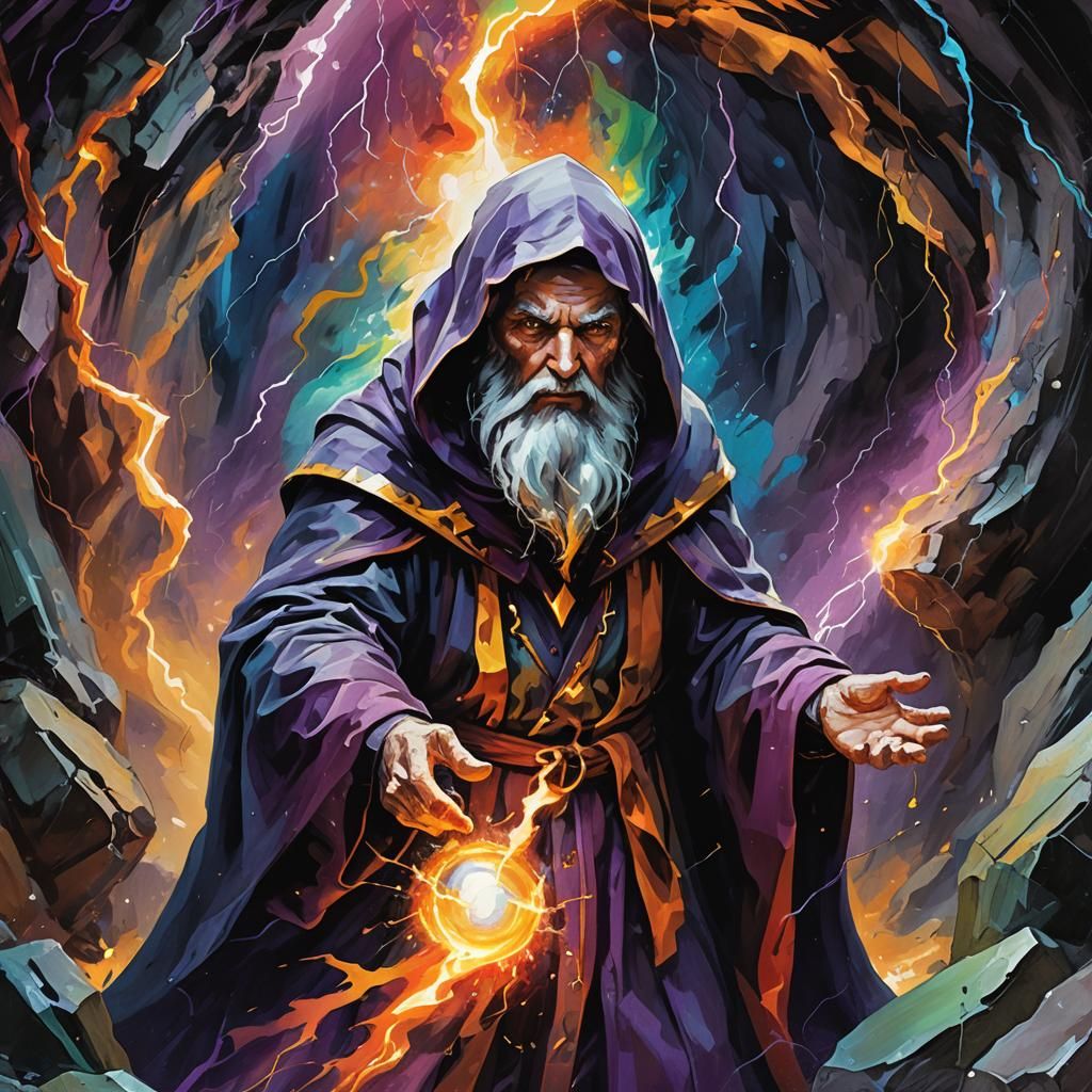 Abstract Mage Casts Lightning in Mystical Cave