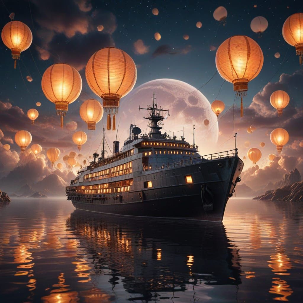 Futuristic Ship on Clouds at Sunset with Lanterns