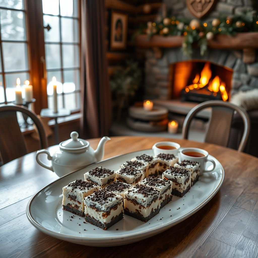 Romantic Mountain Dining Scene with Cube Cakes and Tea