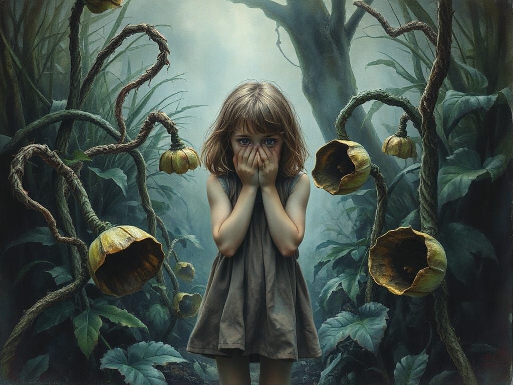 Eerie Garden Scene in Watercolor Style