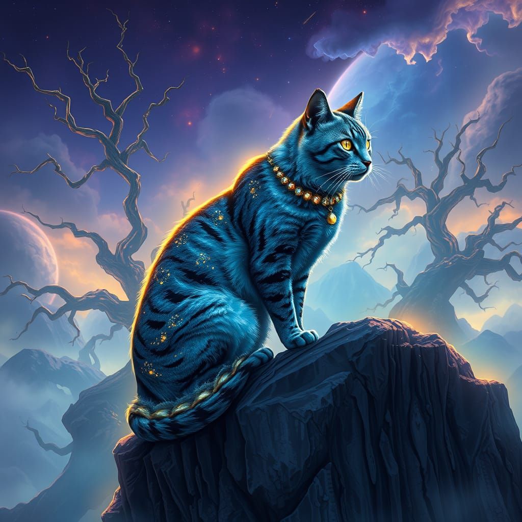 Regal Cat in Whimsical Fantasy Landscape