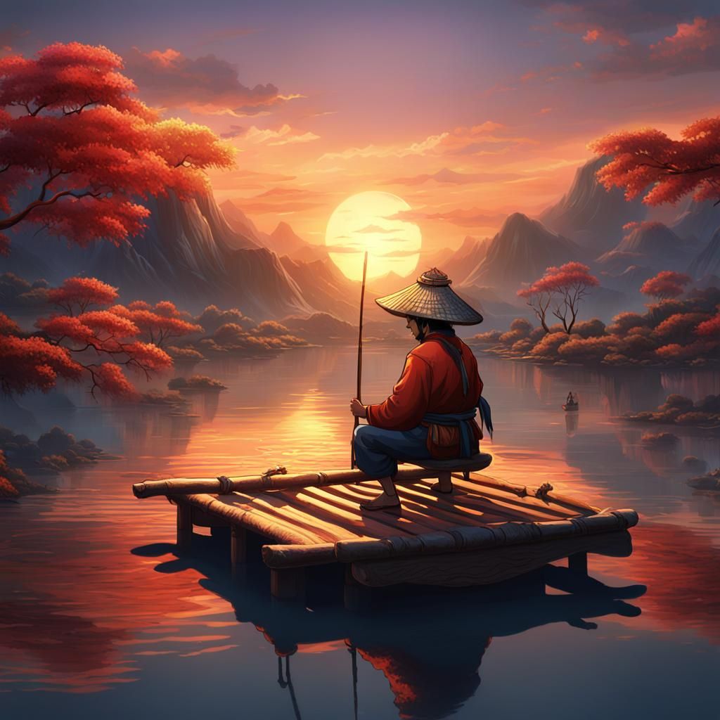 Anime Fisherman at Sunset: Detailed Matte Painting