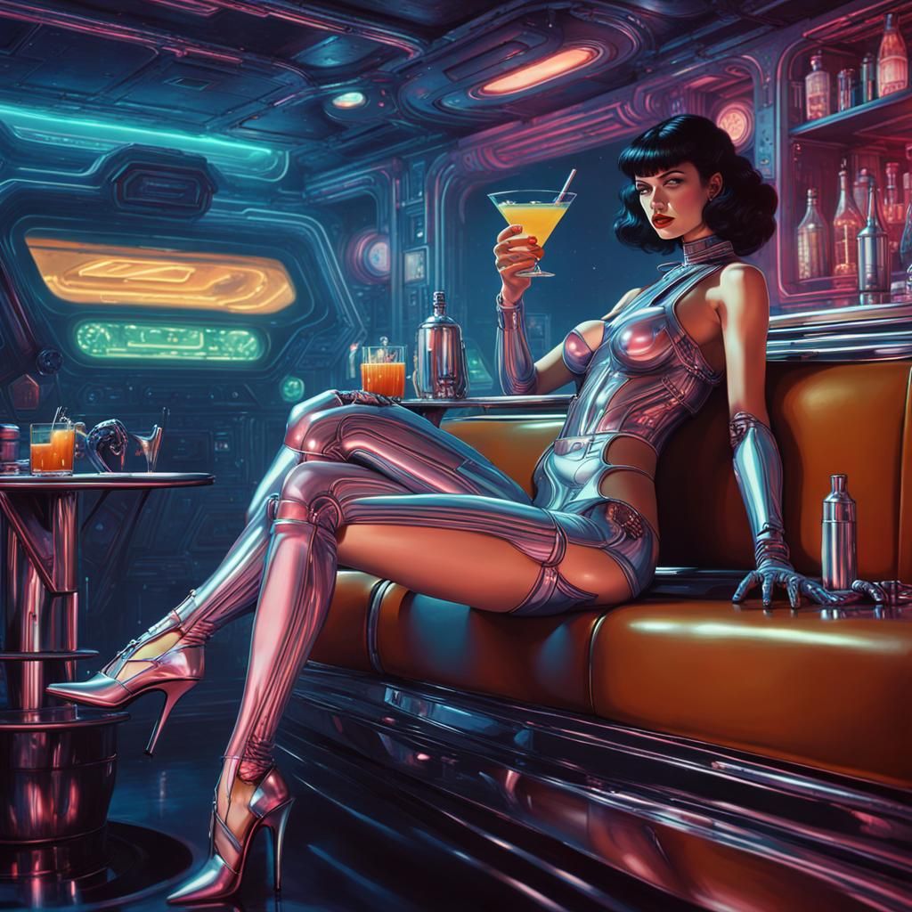 Chromium Droid Woman in Neon Cyberpunk Bar