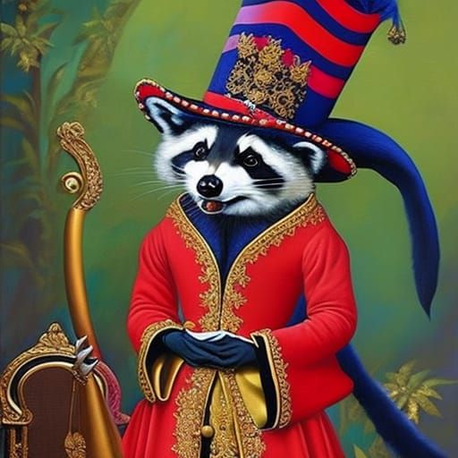 Raccoon Jester: A Baroque Oil Painting