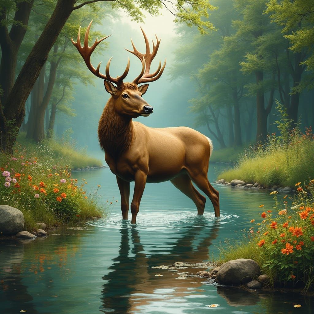 Stag Adorned with Flowers in Renaissance Style