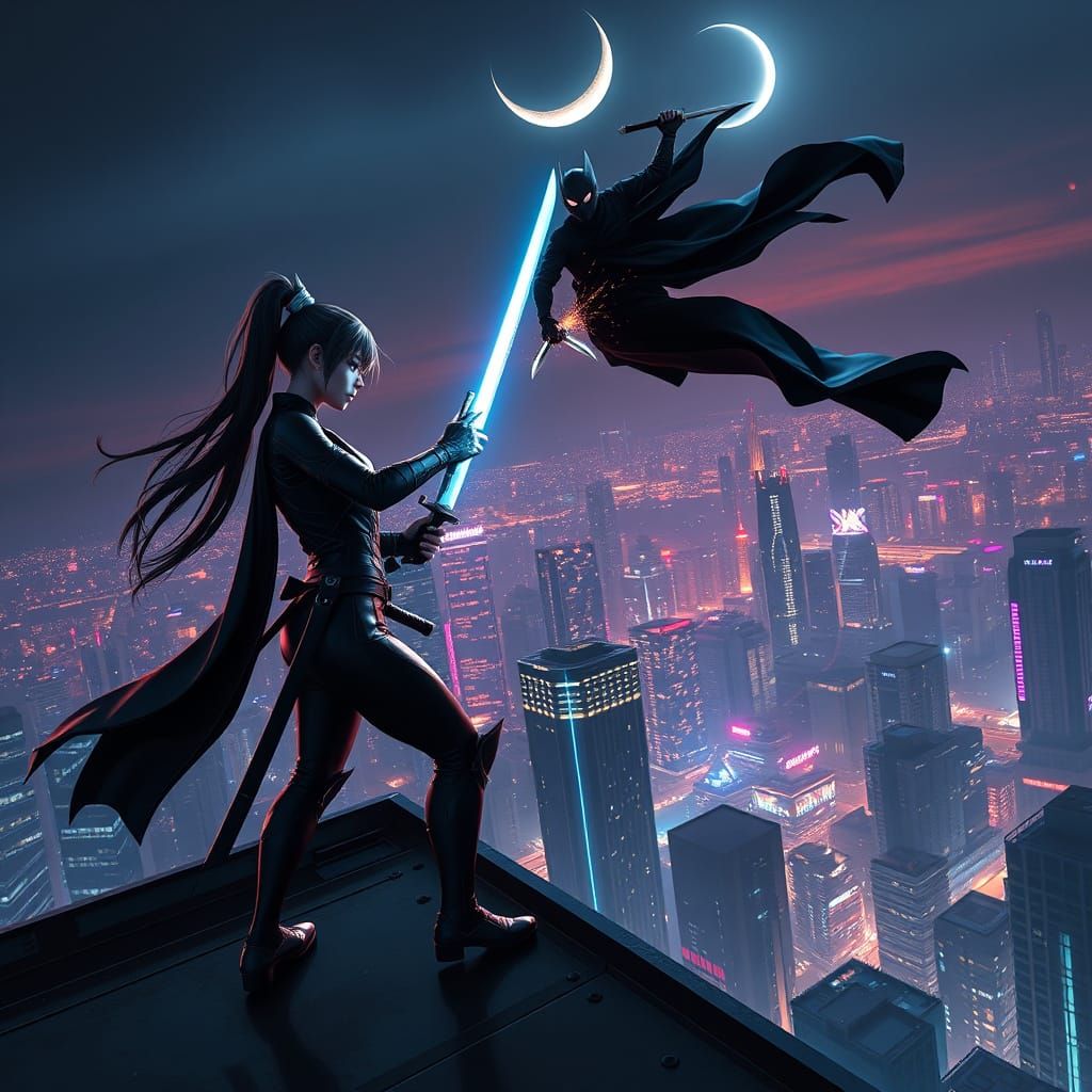 Ethereal Duel on a Skyscraper Rooftop Under Crescent Moonlig...