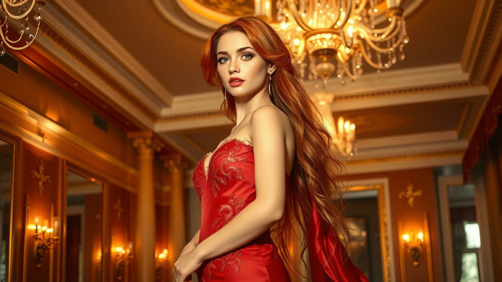 Ethereal Woman in Red Gown Radiating Beauty