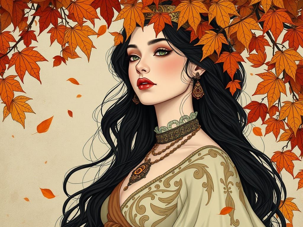 Elegant Woman Surrounded by Autumn Leaves in Art Nouveau Sty...