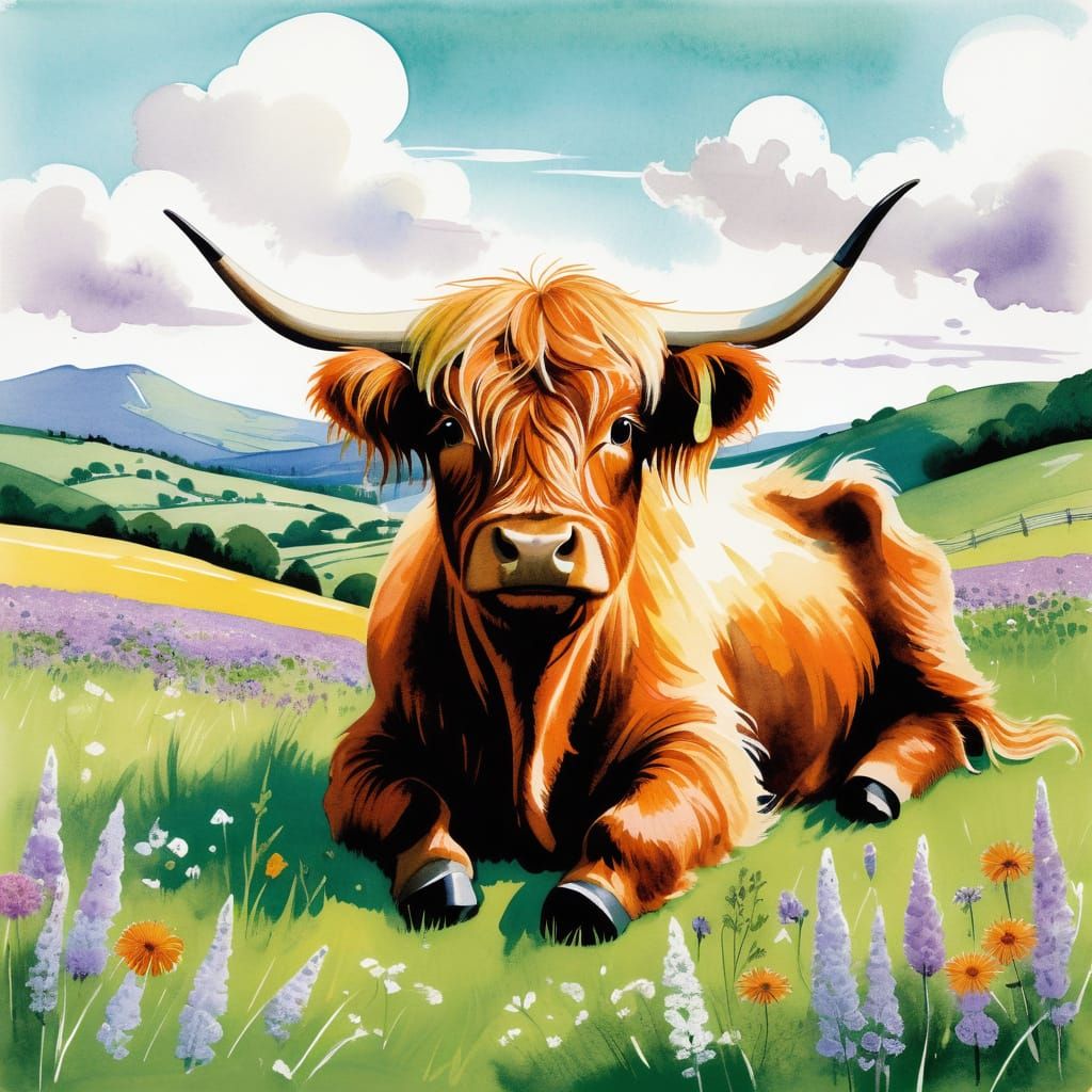 Adorable Highland Cow in Whimsical Pasture