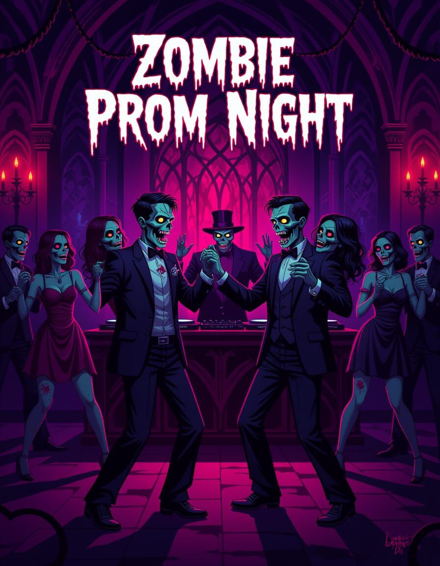 Zombie Prom Night: Dancing Couples and DJ in Gothic Hall