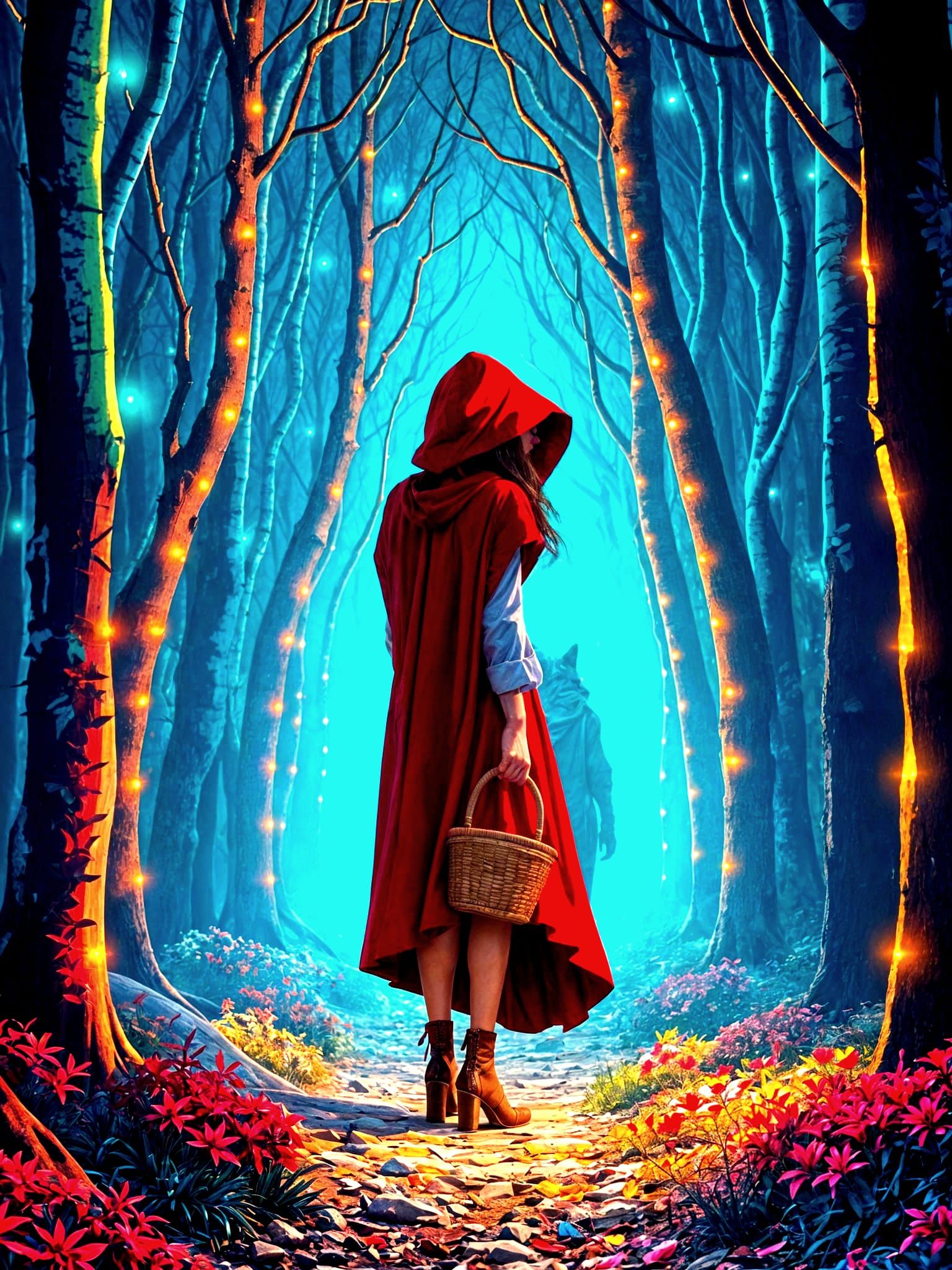 Sci-Fi Red Riding Hood in Metallic Forest
