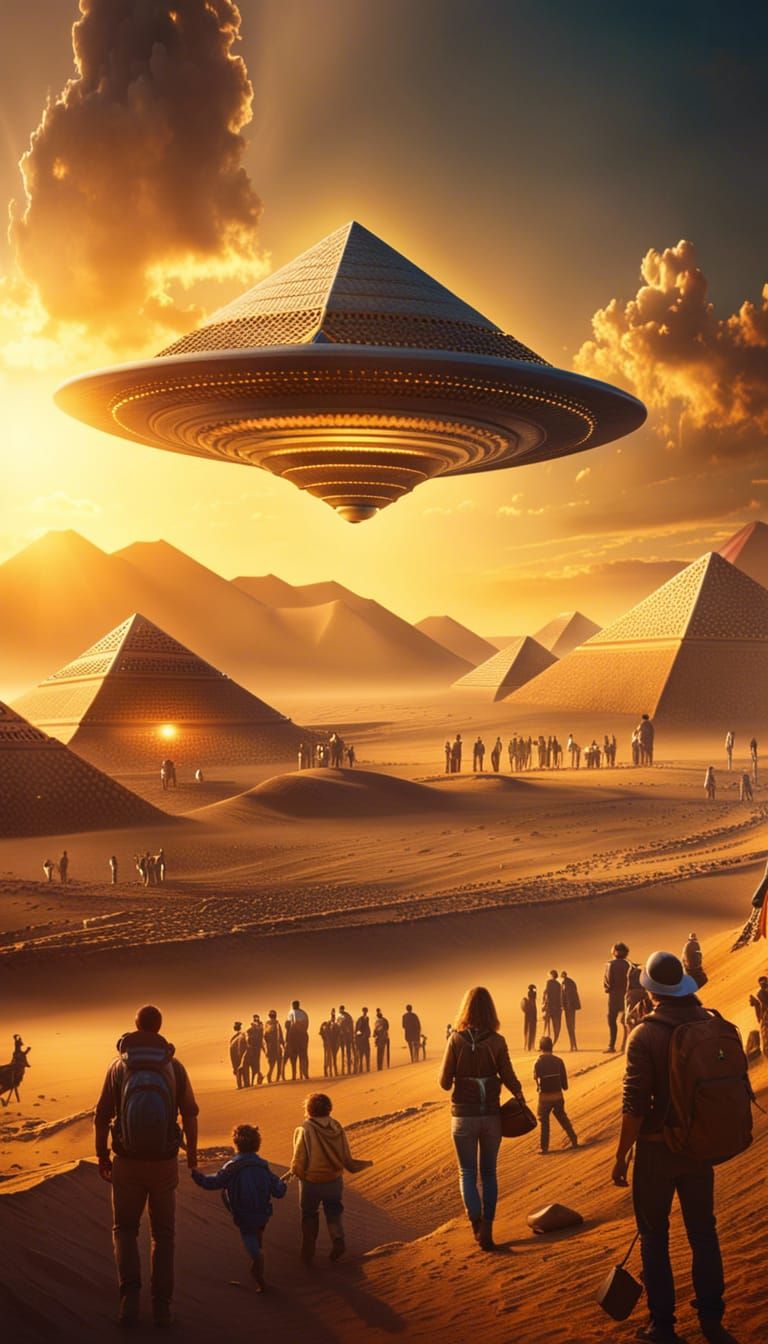Humans and Aliens Build Pyramids at Golden Hour