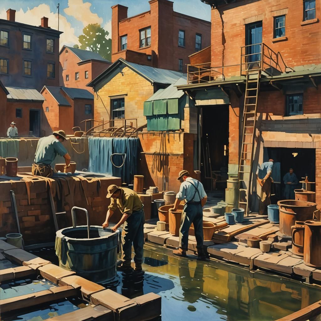 Tannery Workers in Gouache with Edward Hopper Colors