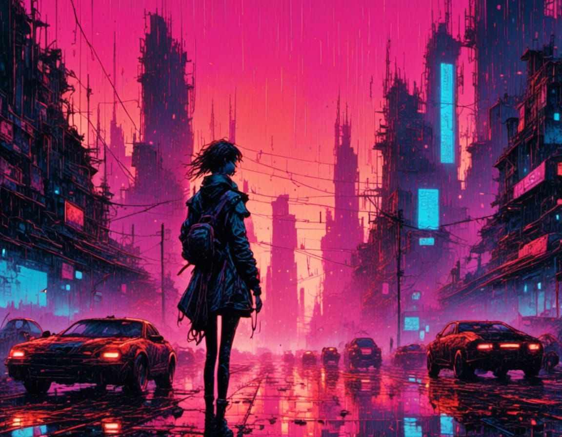Cyberpunk Cityscape at Dusk in Rainy Weather