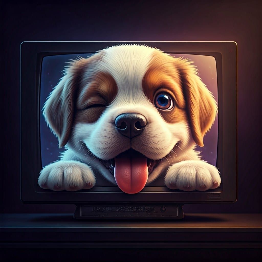 Cartoon Puppy Winks From TV Screen, Digital Art
