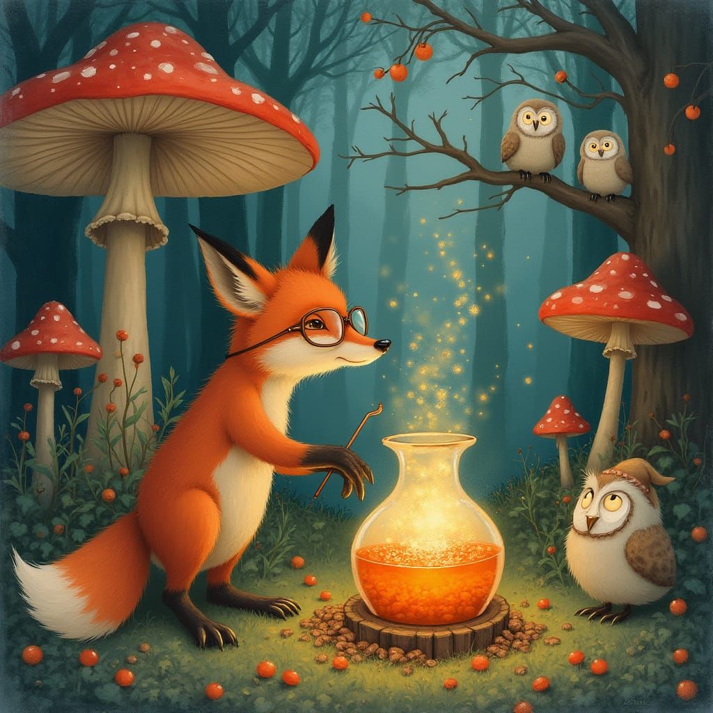 Whimsical Fox in Spectacles Stirs Enchanted Forest Potion