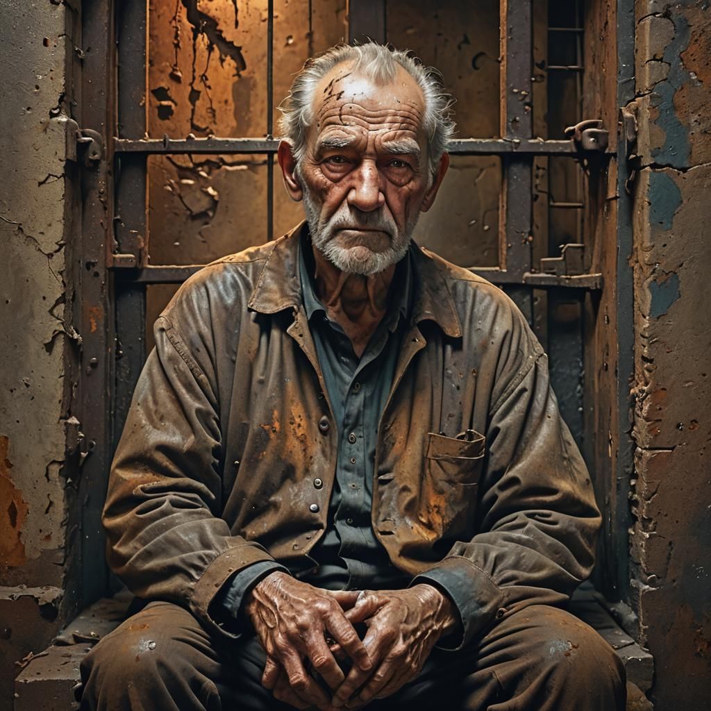 Elderly Man Contemplates Regret in a Damp Jail Cell
