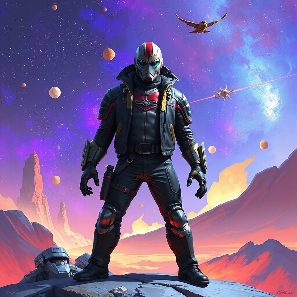 Heroic Starlord in Cosmic Landscape, Digital Art