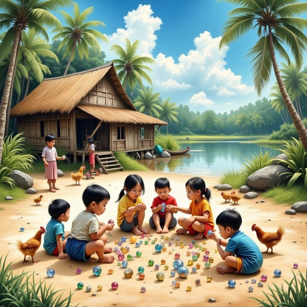 Kampong Kids Playing Marbles in Impressionistic Style