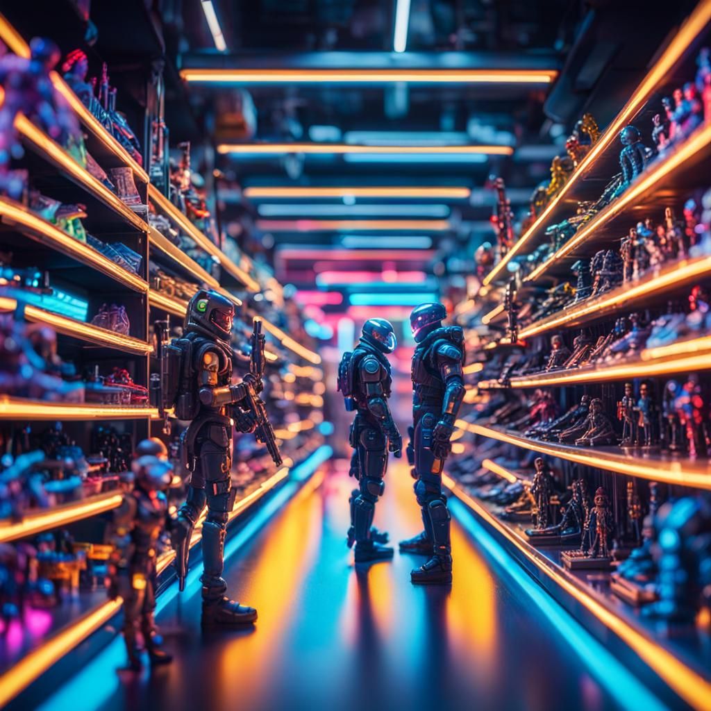 Cyberpunk Action Figures in Neon Toy Shop