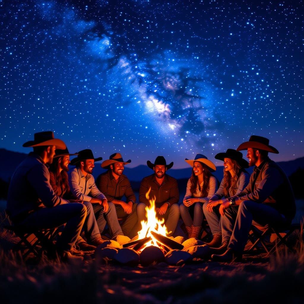 Cowboys and Cowgirls Around a Starry Campfire