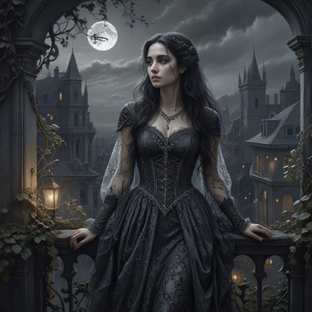 Melancholic Heiress on Gothic Balcony