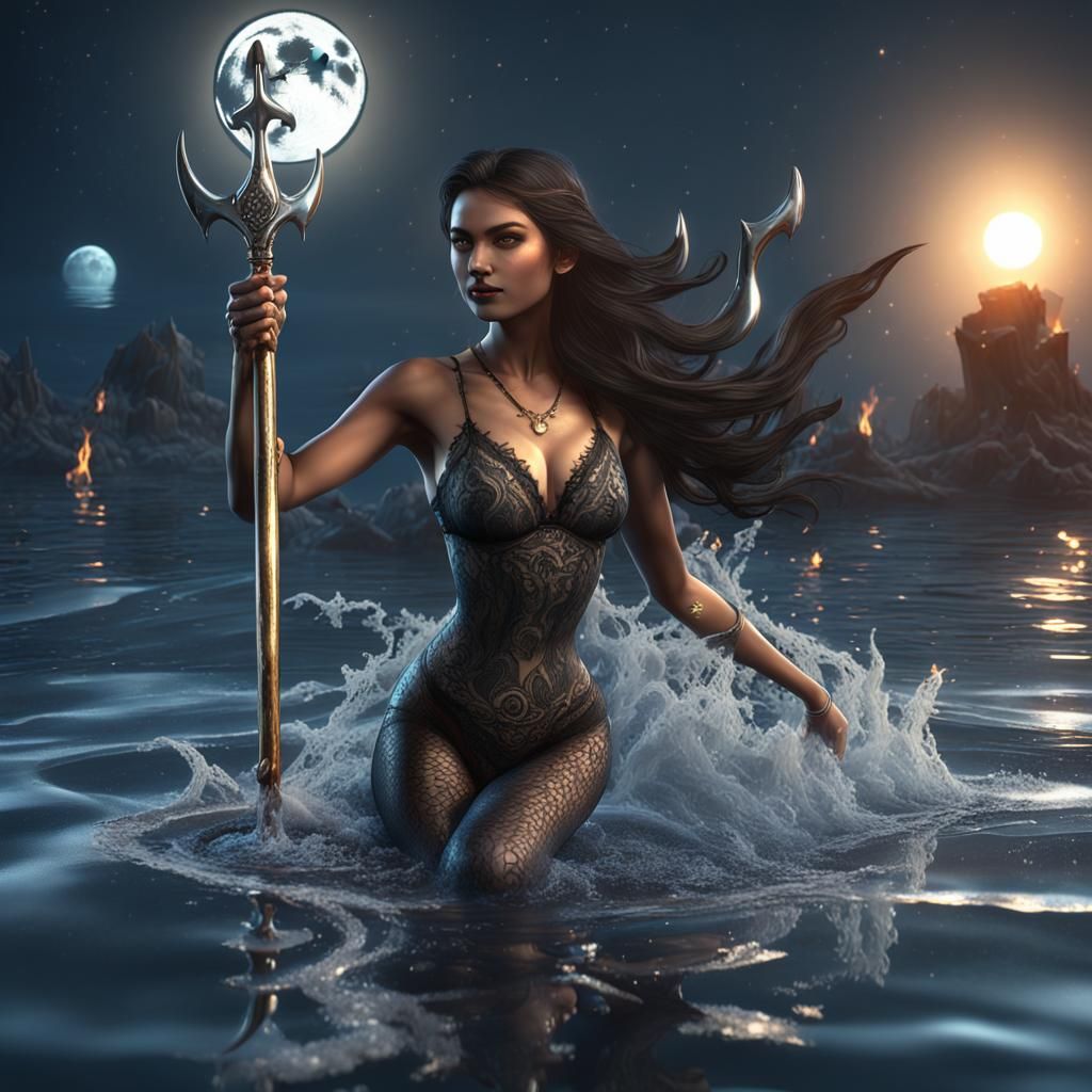 Lady on Shark in Steamy Water: 3D Render