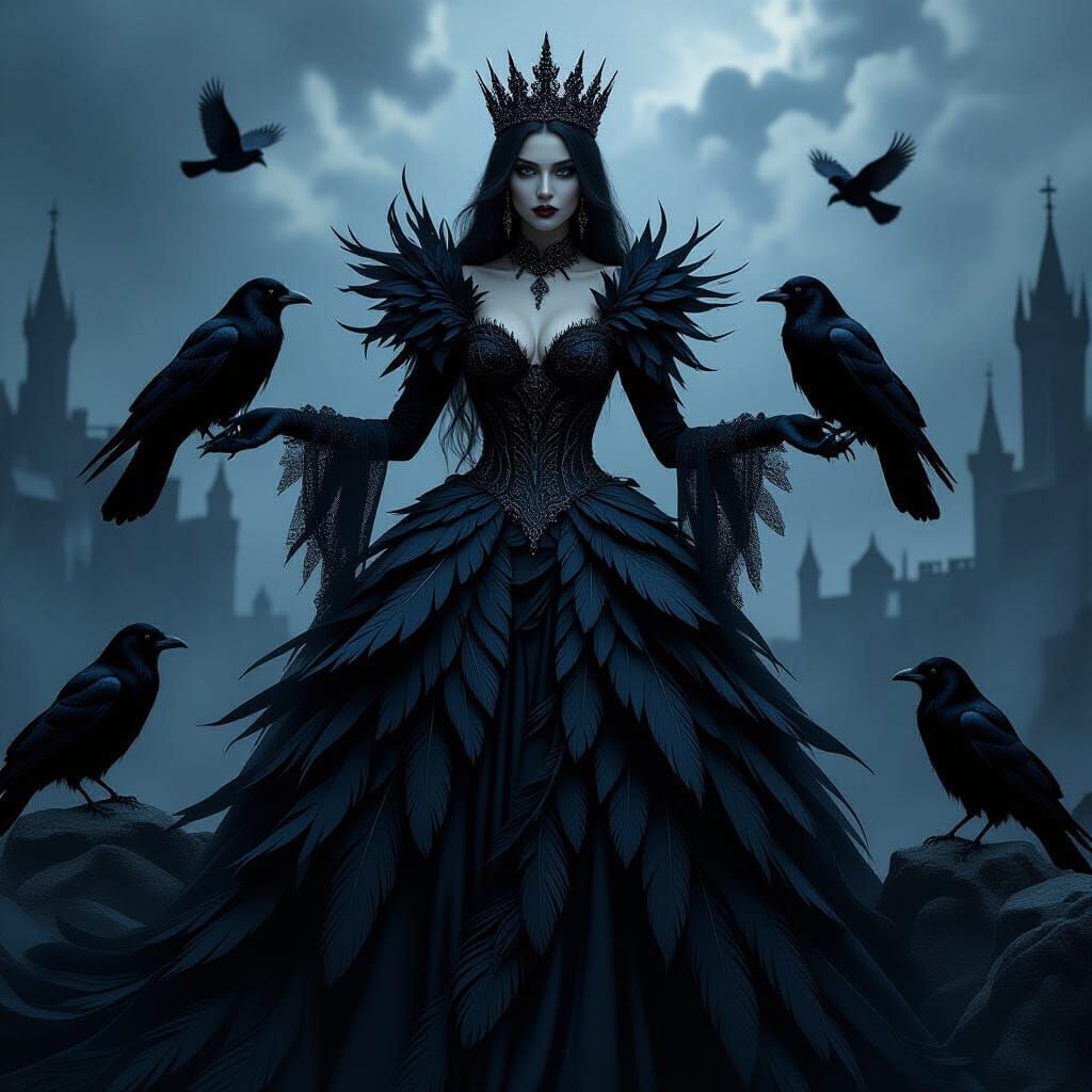 Gothic Queen in Feather Dress with Ravens, Shadowy Kingdom