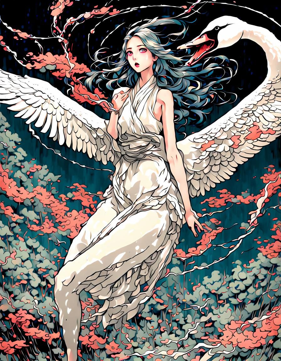 Swan Woman in Manga Style Defying Gravity