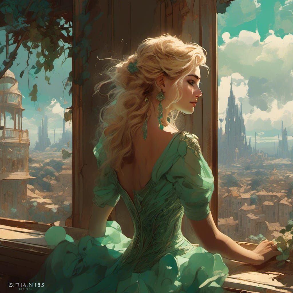 Blonde Woman in Green Dress: Detailed Digital Painting
