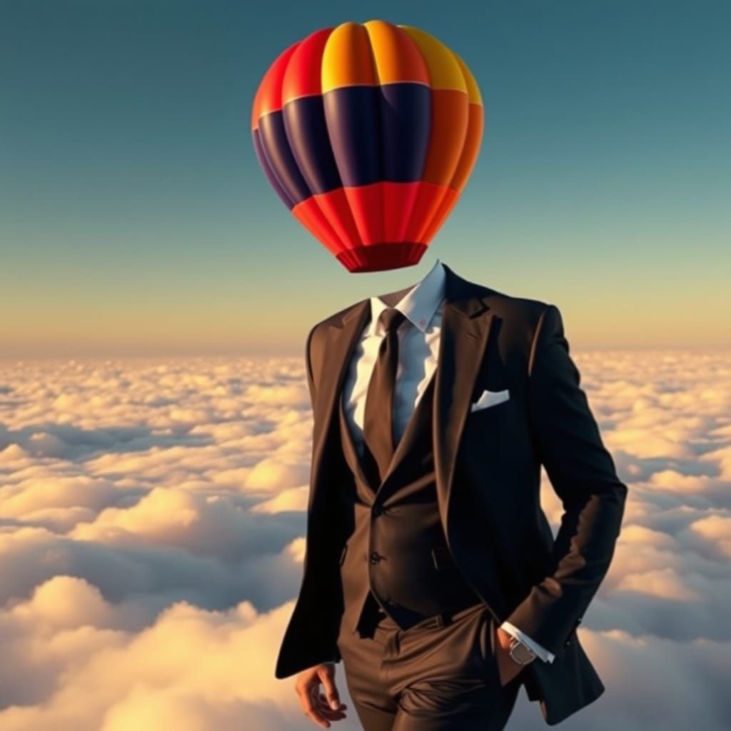 Businessman Walking on Clouds with Hot Air Balloon