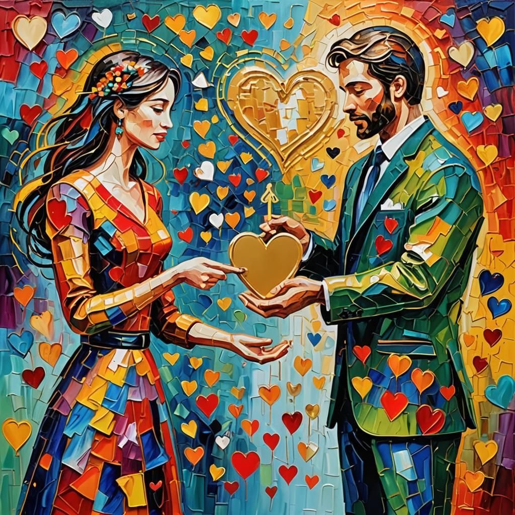 abstract image of a dazzling  female handing a gold heart key to  captivating  man and says from this day forward I give...