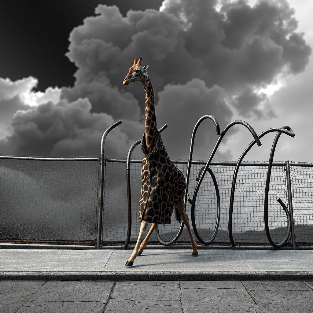 Surreal Giraffe Sculpture in Twisted Metal Landscape