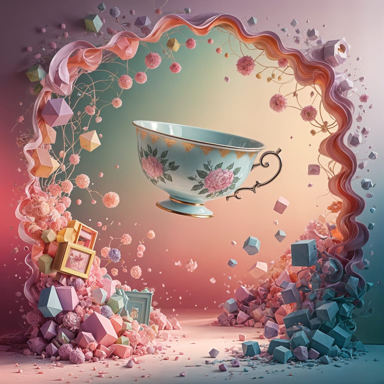 Airbrushed Dadaist Teacup in Pastel Hues