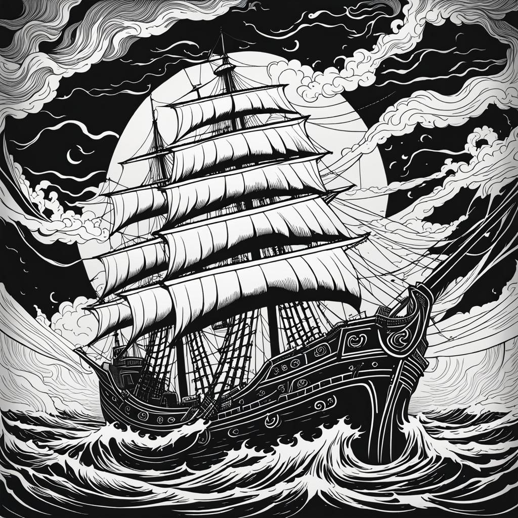 Kraken Attack on Pirate Ship: Coloring Book Illustration