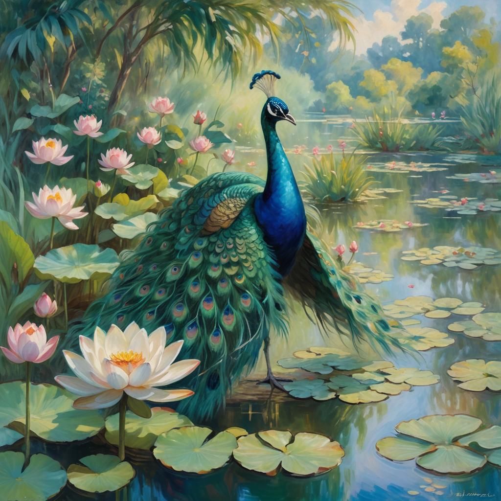 Peacock and Lotus in Impressionist Pond