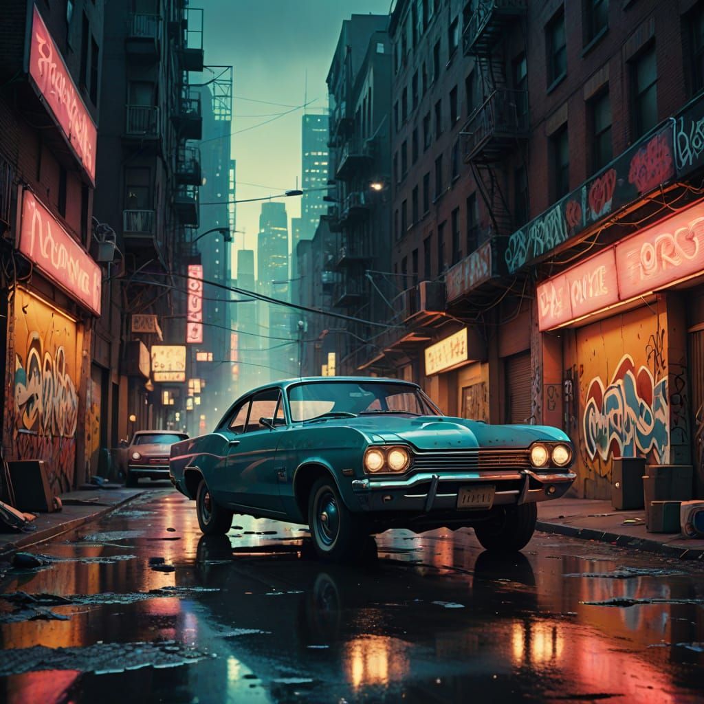 Chrome Car Soaring Through Neon Cyberpunk Cityscape