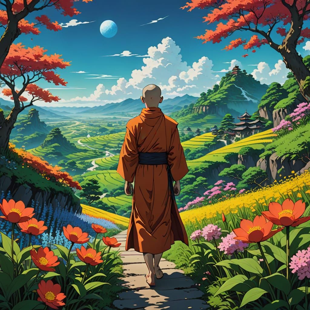 Young Monk in Surreal Landscape, Anime Style