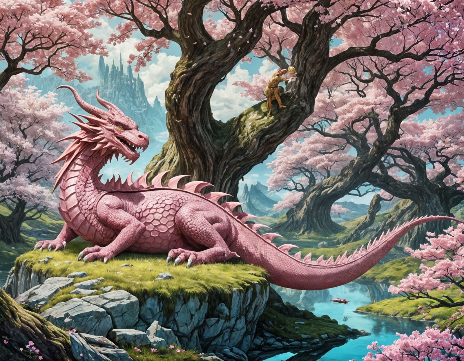 Pink Dragon Sleeps in Cherry Blossom Landscape