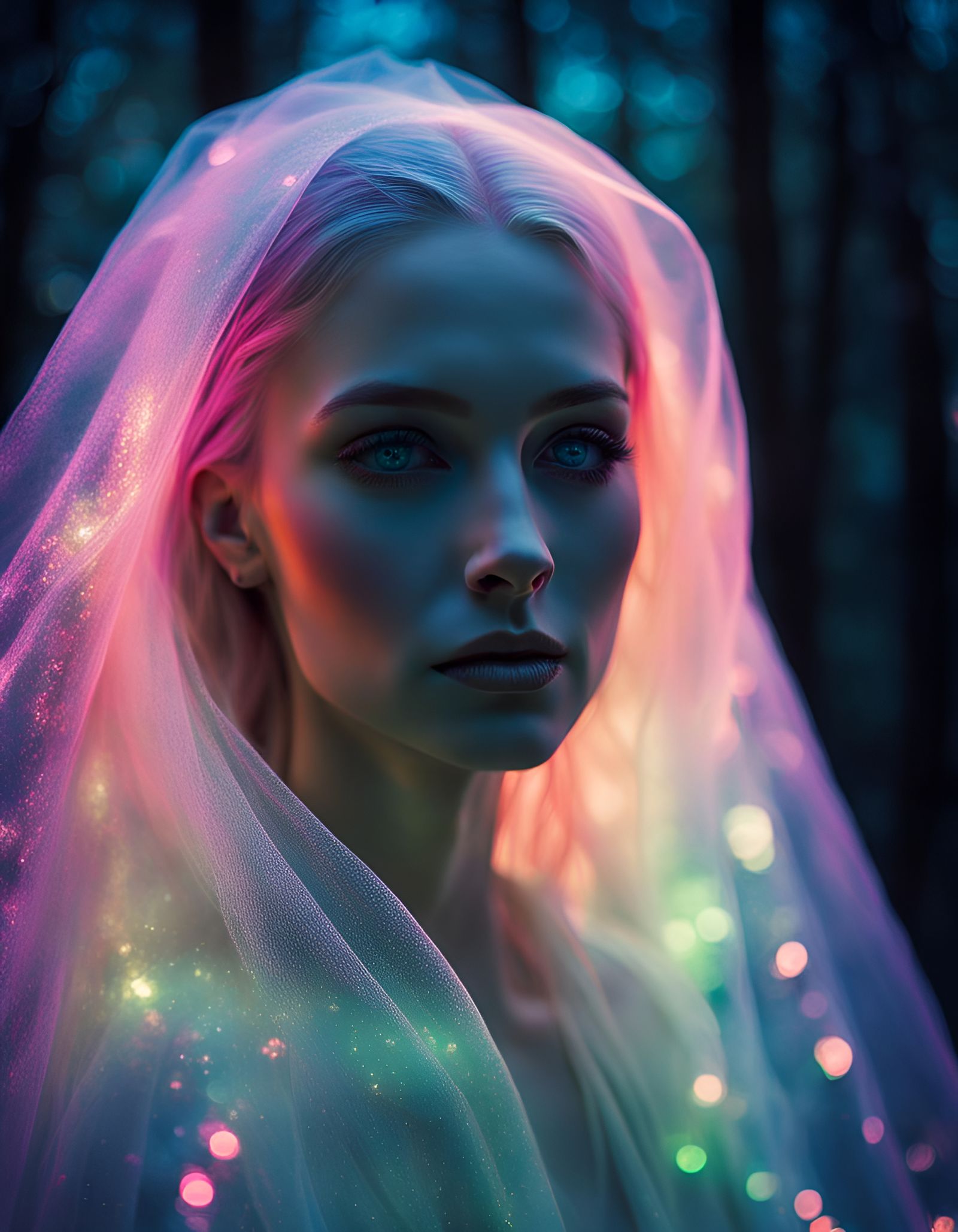 Ethereal Huldra Portrait in Neon Glitter Style