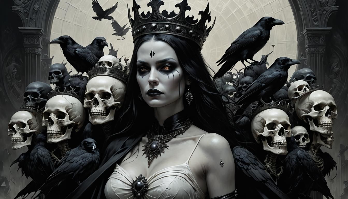 Crowned Woman with Raven: Hyperrealistic Dark Art