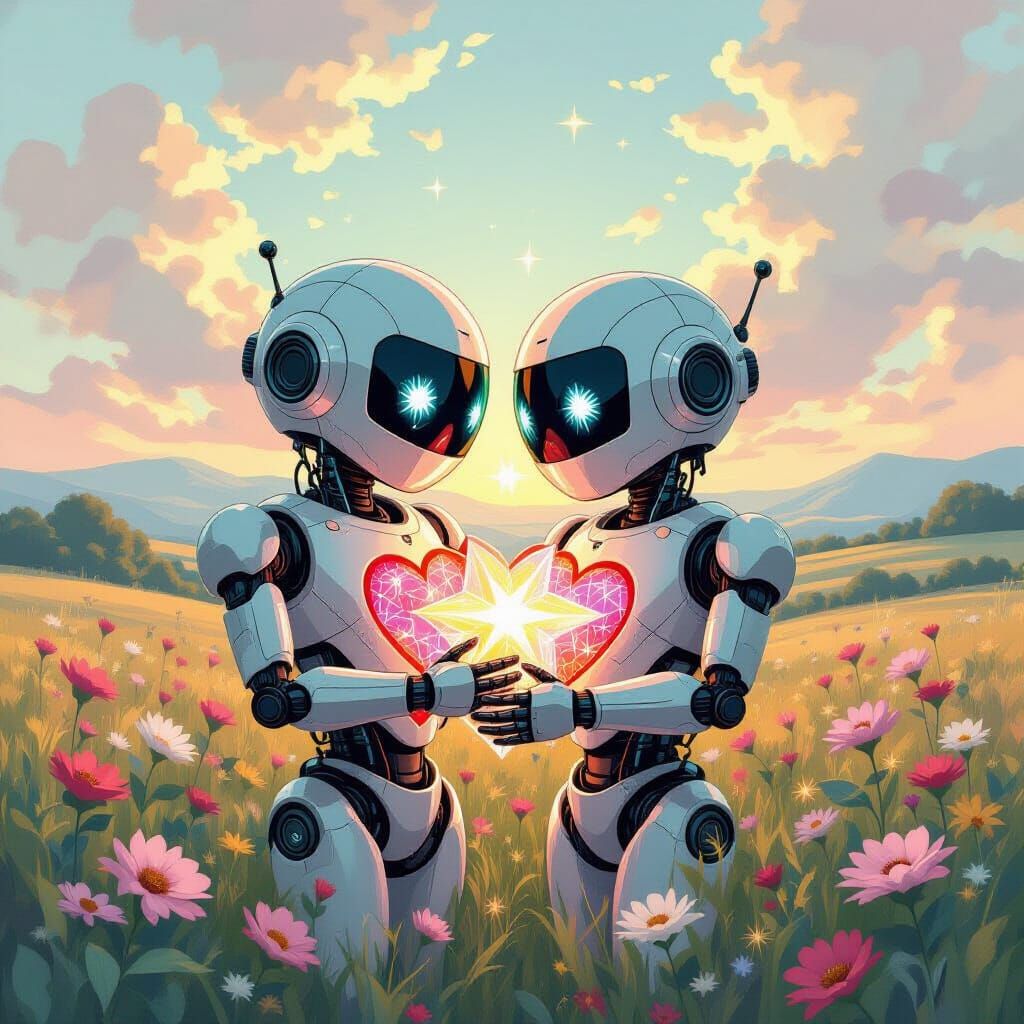 Robotic Hearts Nurture Stars in Pastel Landscape