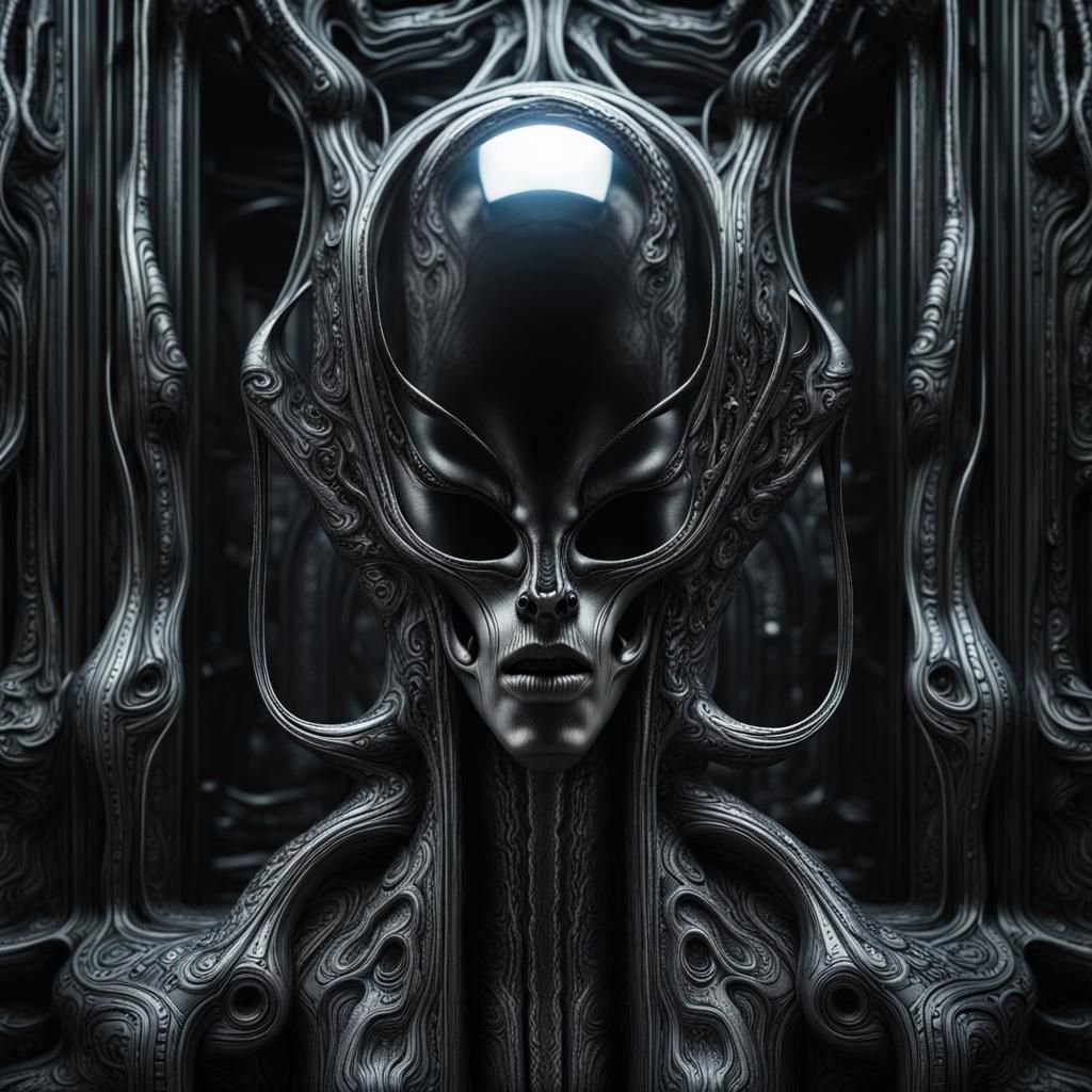HR Giger Style Alien Portrait with 3D Interface
