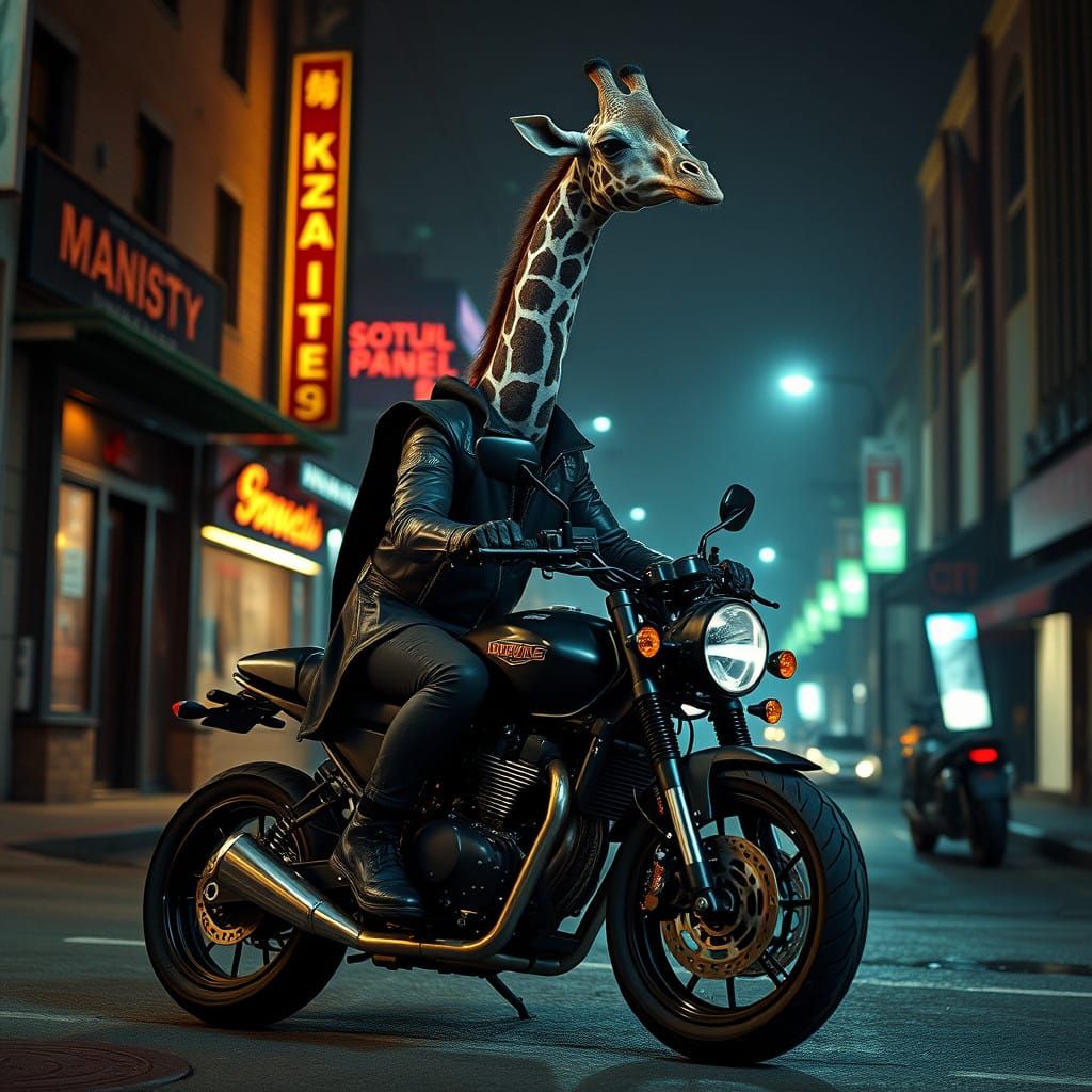 Gothic Giraffe Rides a Stylish Motorbike in a Dark, Photorea...