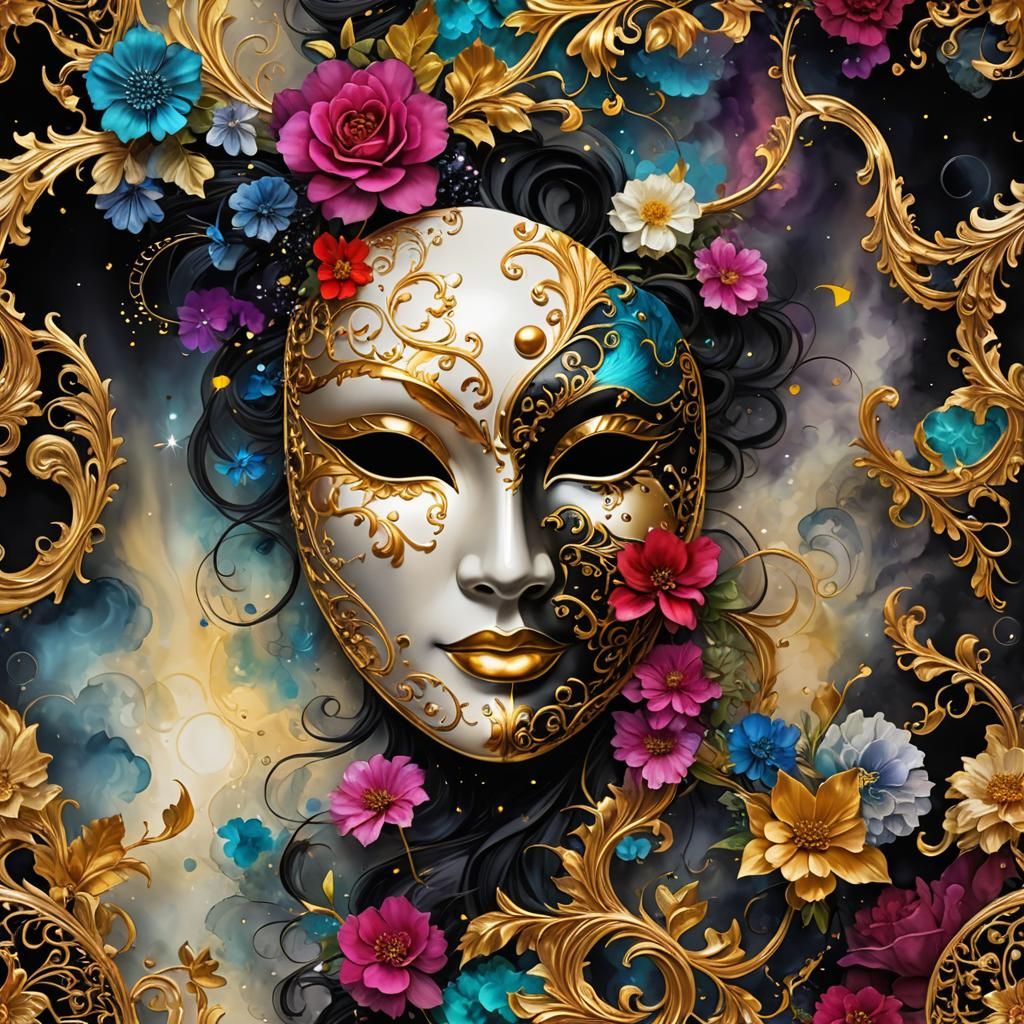 Yin Yang Theater Masks in Alcohol Ink Style