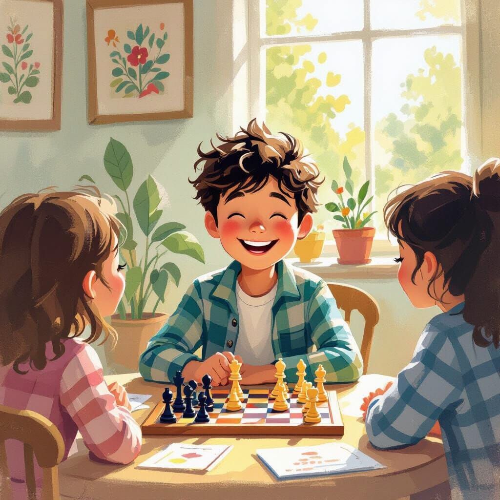 Boys Celebrate Chess Summer, Whimsical Illustration Style
