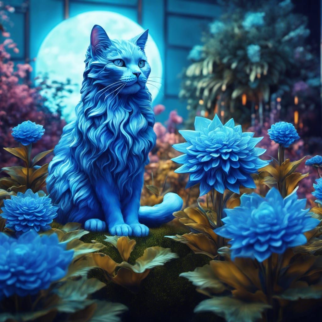 Blue Neon Cat in a Futuristic Moon Garden