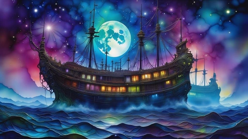 Ethereal Ghost Ship Under Violet Moon