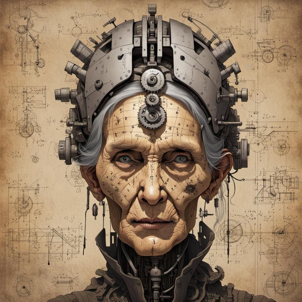 Evil Woman with Mechanical Parts, Hyperrealistic Drawing